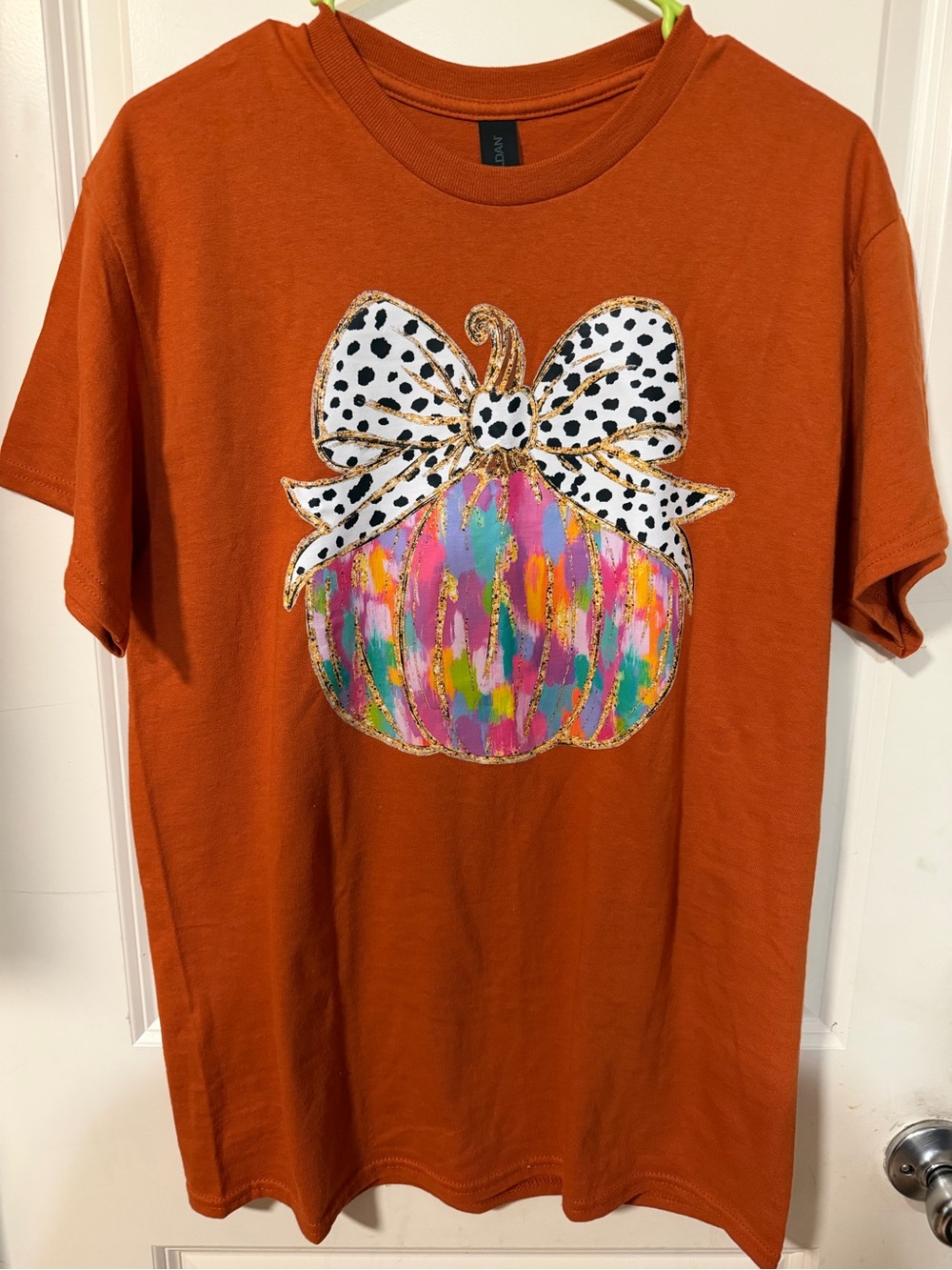 Orange Short Sleeve Tee with Colorful Pumpkin Graphic and Polka Dot Bow Preppy